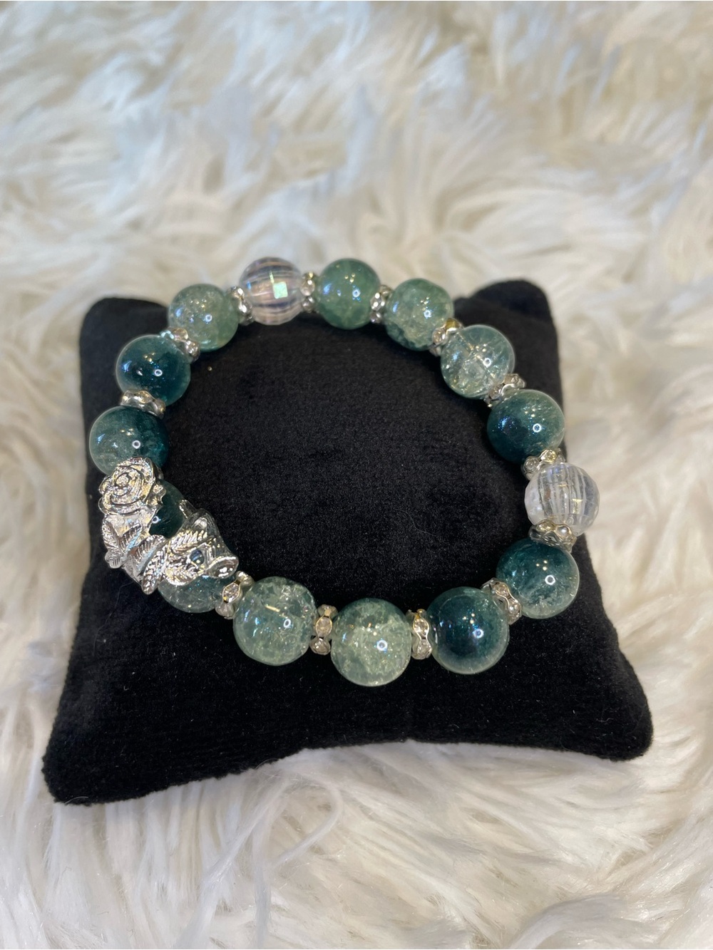 Green Crackle Beaded with Silver Rose Accent